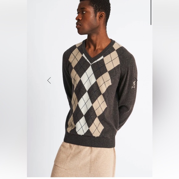 Pringle Sports Scotland V Neck Centre Argyle Lambswool Jumper in Brown - Picture 2 of 10